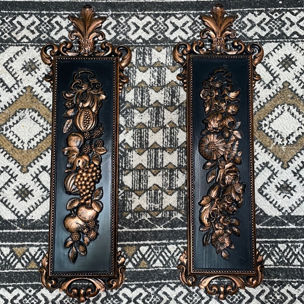 Syroco Ornate Flower & Fruit Design Vintage Wall Plaques copper guild MCM